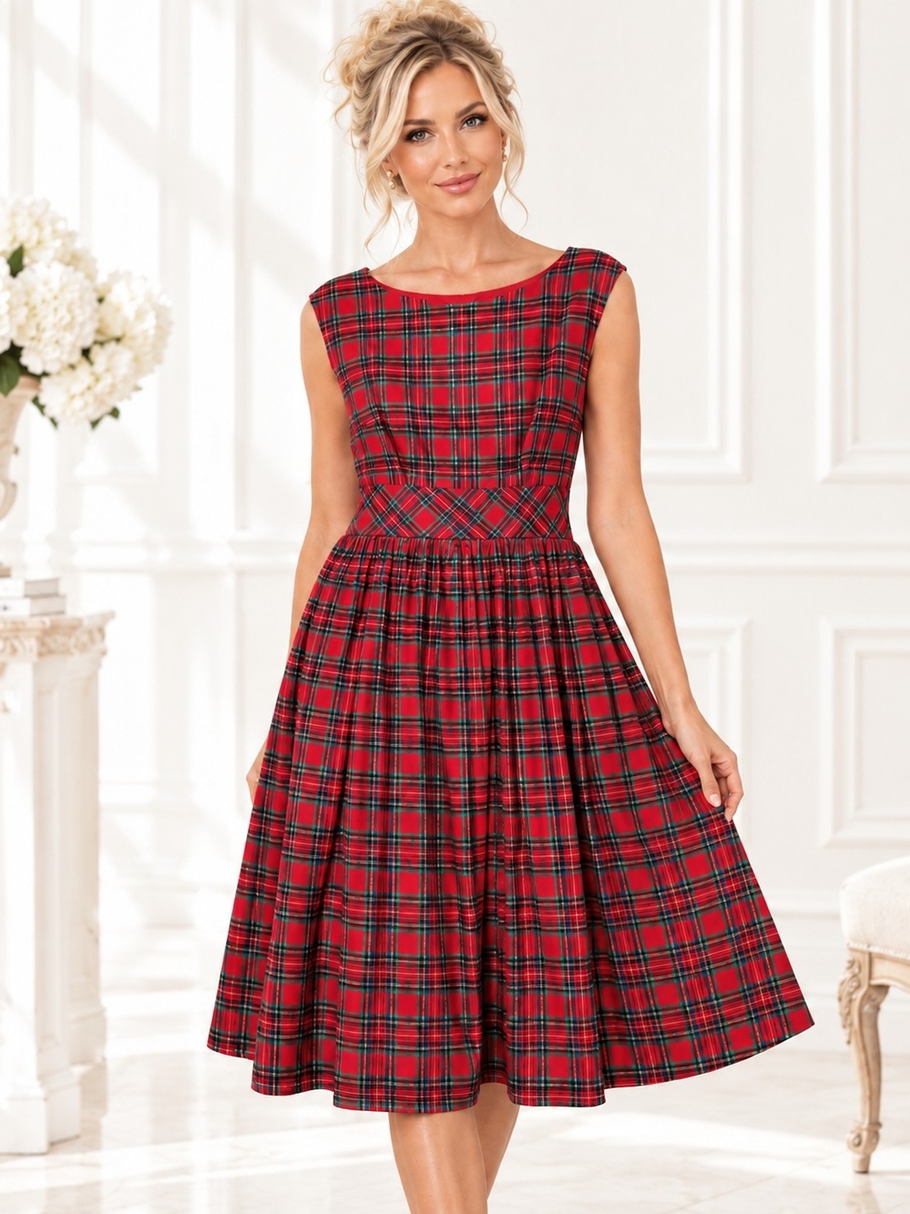 ModCloth Red Tartan Plaid Fit & Flare Cotton Midi Dress Size 8